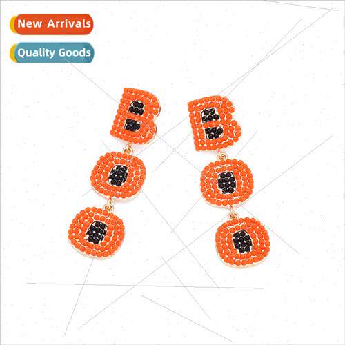 design sense alloy inlaid rice beads BOO letters earrings pe