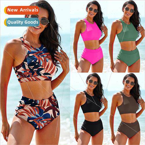 2024 New Solid Color Printed Swimsu Spl High Waist Tankini S