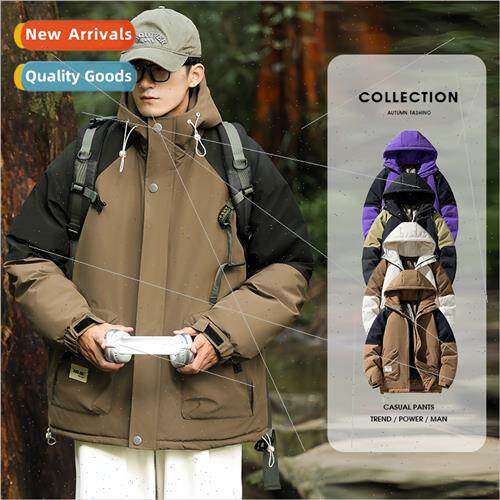 Men outdoor hooded down jacket colorblocking 90 whe duck dow