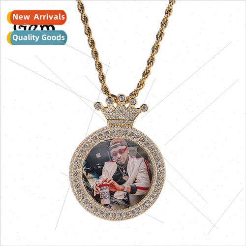 Hip Hop New Crown Round Photo Pendant lver Copper wh Zirconi