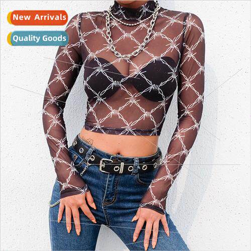 2023 Sheer Sexy Top High Neck Long Sleeve Tee Mesh Thorn Pri