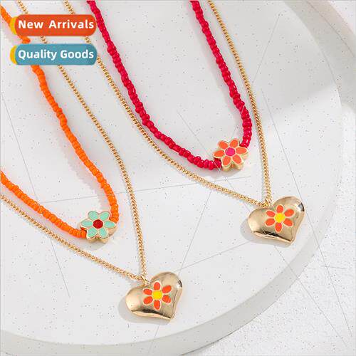 Handmade beaded love small flowers enamel drip oil double ne
