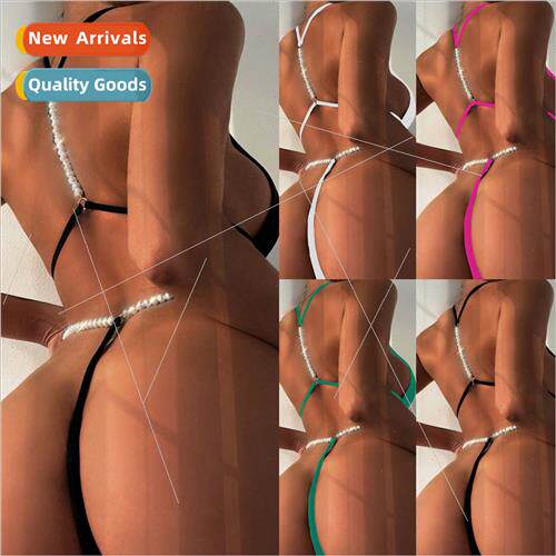 Su Europe New 2023 Sexy Bikini Pearl Chain Solid Color Swims
