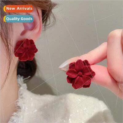 s925 fall winter flocking flower earrings French retro fashi