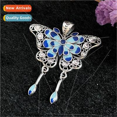 Burnt blue butterfly tassel necklace female collarbone chain