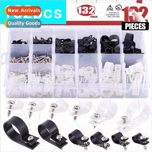 132pcs Whe+Black Nylon Plastic R-Cable Clamps Nylon Screw Mo