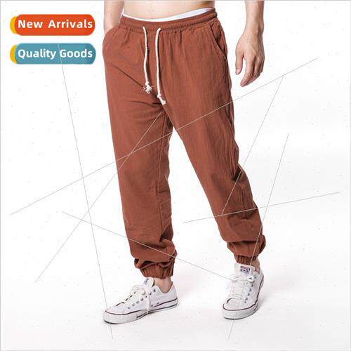 2021 summer new linen cotton pants men casual loose solid co