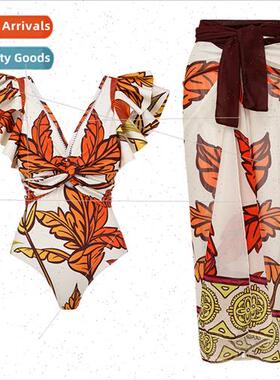 Printed Maple Leaf One-piece Swimsu 2023 Europe New V-Neck B