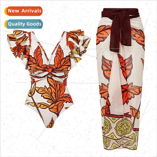 Printed Maple Leaf One-piece Swimsu 2023 Europe New V-Neck B