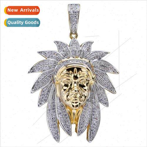 Iced Out Indian Chief Headdress Pendant Necklace Hip Hop Gol