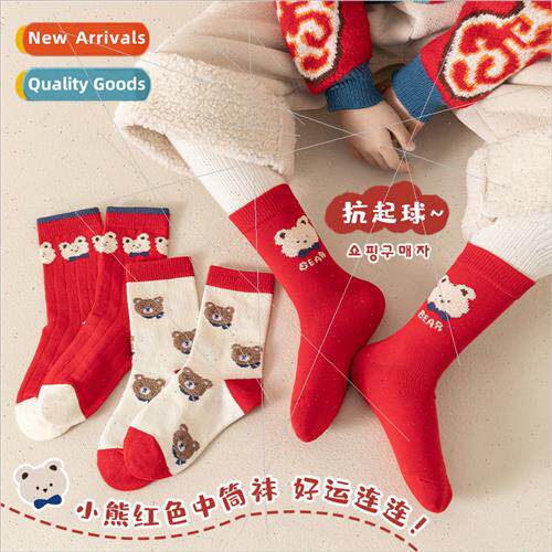 ly  childrens red socks fall and winter cartoon bear childre