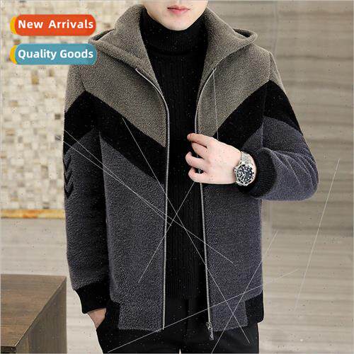 Men colorblocking gold mink tweed top coat zipper jacket men