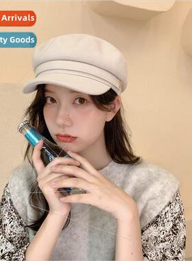 Autumn winter new hat solid color buttons flat top tweed wom