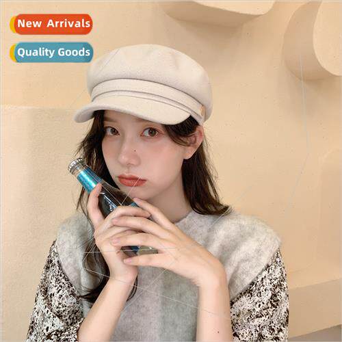 Autumn winter new hat solid color buttons flat top tweed wom