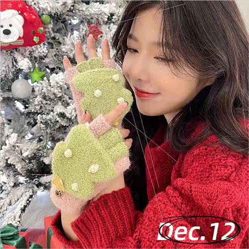 Christmas gloves winter girls cute fingerless woolen padded