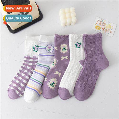 Socks womens mid-calf socks purple small flowers high-color