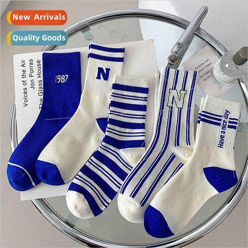 Blue socks women spring fall  mid-calf socks cotton sports s