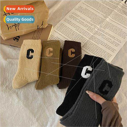 Big C letters embroidered socks female autumn winter warm ea