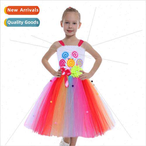 Girls Dress Europe Cartoon Lollipop Rainbow Mesh Dresses Chi