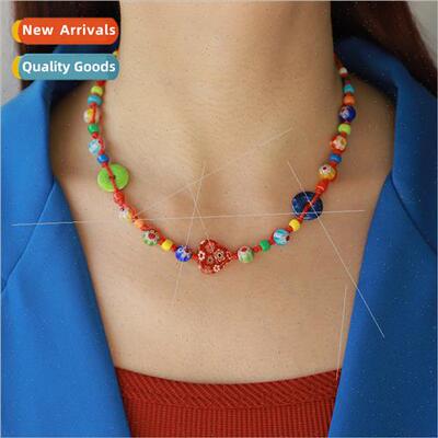 handmade knting beaded thousflowers glazed necklace set fema