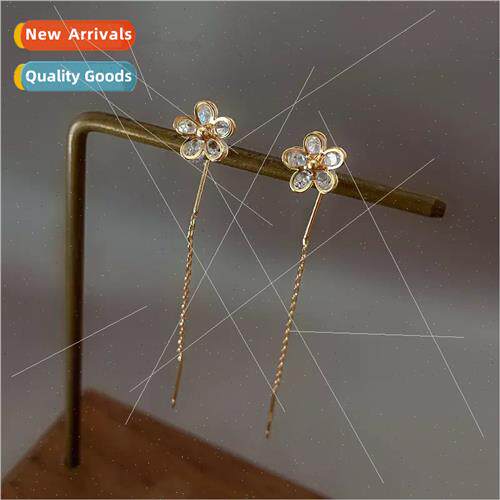 s925 silver pin simple crystal flower tassel ear wire female