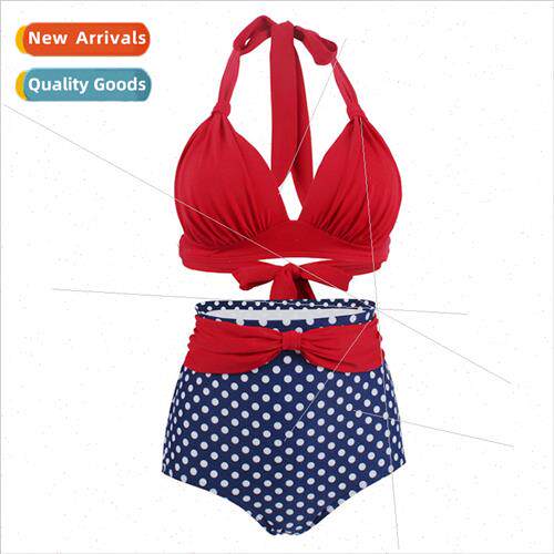 Europe Polka Dot Large ze High Waisted Swimsu Women Tied Spl