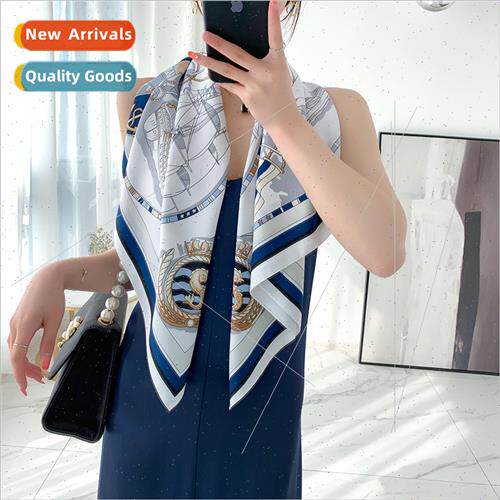 2021 large square scarf spring fall  sailboat blue silk scar