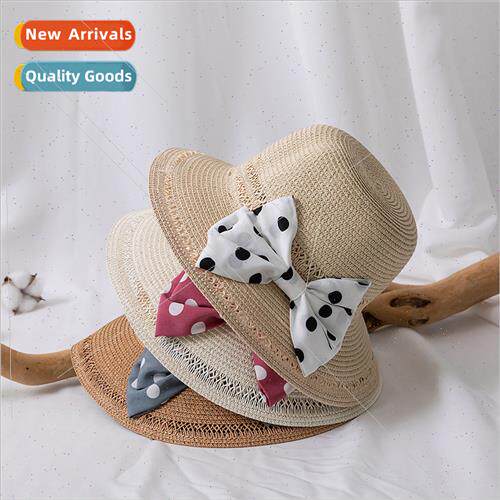 Hollow polka dot bow bow straw hat summer basin hat small fr