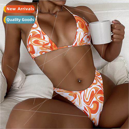 2022Europe swimsu new rotating print triangle cup strap tie