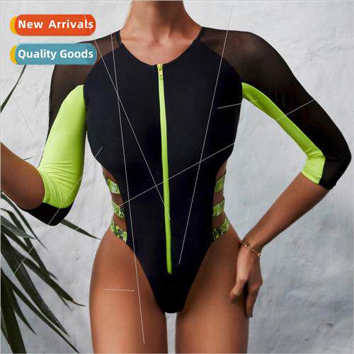 2024 new one-piece swimsu splicing bikini zipper swimsu wome