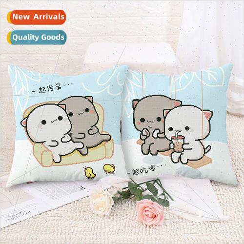 2022 new thread embroidery simple cartoon peach cat couple a