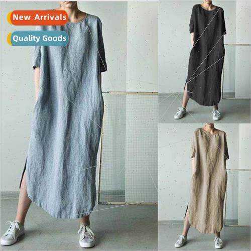 2023 Round Neck Half Sleeve Solid Color de Spl Mid Calf Dres