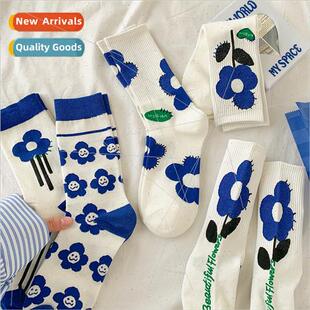 blue fall calf socks mid spring thin ins Socks Klein women