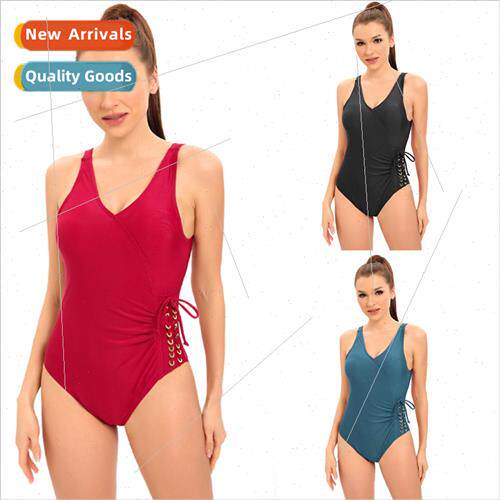 New Drawstring Belly Comt Triangle One-piece Swimsu Solid Co