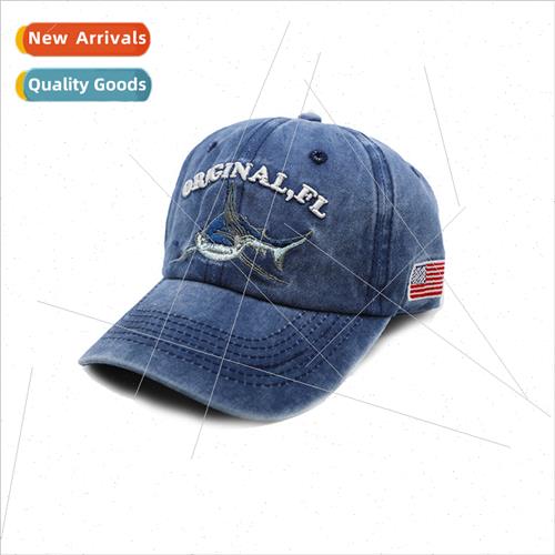 Qualy washed cotton cap embroidered shark baseball cap fashi