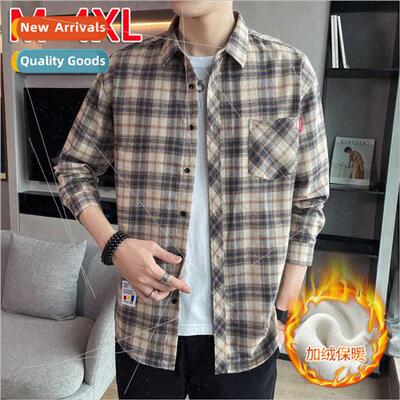 Men padded thickened shirt plaid loose jacket 2023 fall wint