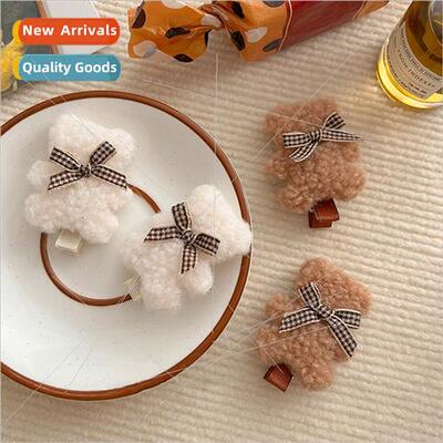 Plush bow bear hair clips female fall winter side bangs clip