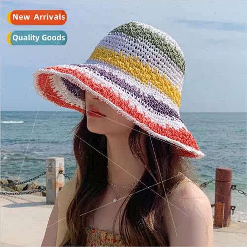 Handmade straw hat female foldable bohemian seaside rainbow