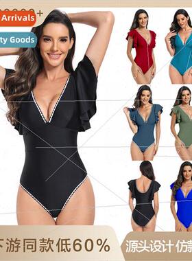 2024 new one-piece swimsu women Europe ruffle lace deep V se