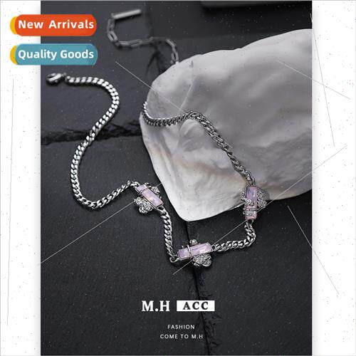 Pink square diamond sweater chain female ins hundred necklac