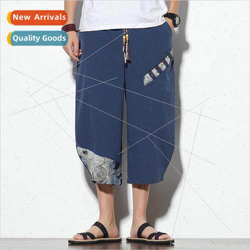 2023 summer new Chinese men cotton linen seven-minute pants