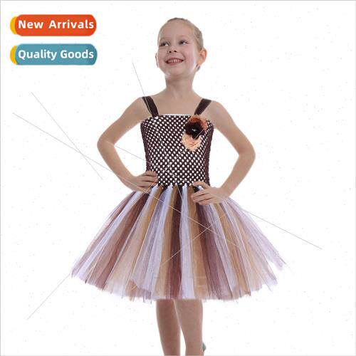 Europe Halloween Kids Handmade Floral Pom Pom Dress Khaki Me