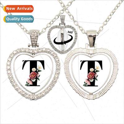Flower26 Alphabet Glass 360 Degree Rotating Heart Pendant Re