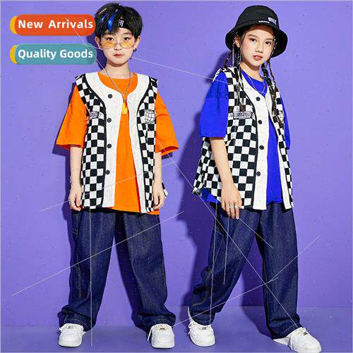 Childrens checkerboard vest set dance permance su boys cool