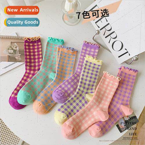Maiden sweet plaid wooden ear edge mid-calf socks Lola Colle