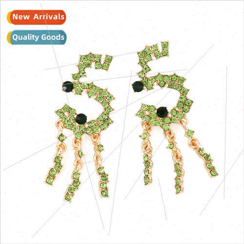 Korea new fresh long alloy diamond-set digal tassel earrings