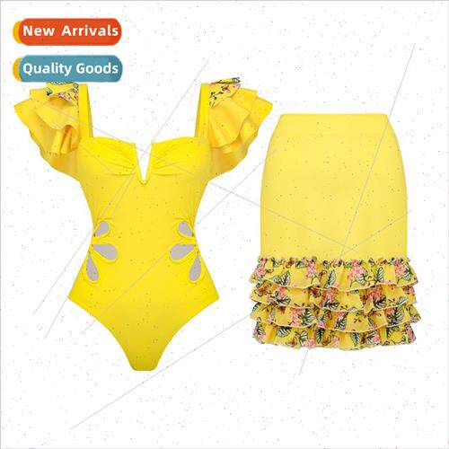2023 Europe New Ruffle Sleeve Hollow Out One-piece Swimsu Wo