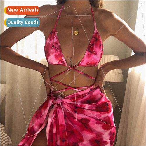 2023 New Three Piece Bikini Tie-Dye Printed Poncho Swimsu Wo