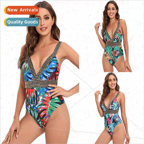 New 2023 Europe one-piece swimsu female print sexy big deep