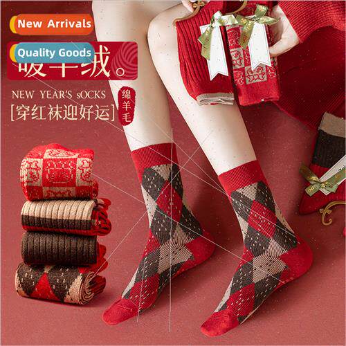 Big red socks women fall winter mid-calf cashmere socks drag